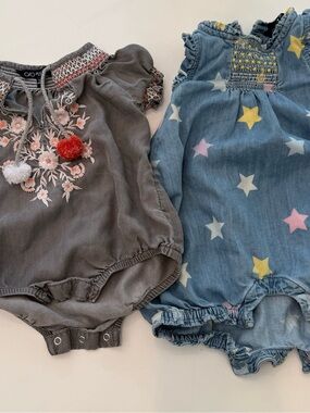 Two rompers- Blu and Blue brand 6-12months Baby Girls' Embroidered Rompers,